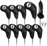 Golf Club Head Covers for Irons Magnetic Closure Long Neck Value 9pcs/Set, Number Printed both Sides Headcovers Deluxe Synthetic Leather Professional (Black)