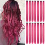 16Pcs Colored Clip in Hair Extensions, 22 Inch Colorful Highlights Hairpieces Straight & Long Heat-Resistant Synthetic Hair Accessories for Kid Girls Women Party Hair Decor (16Pcs-Rose Red)