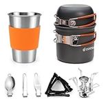 Odoland Camping Cookware Stove Carabiner Canister Stand Tripod and Stainless Steel Cup, Tank Bracket, Fork Knife Spoon Kit for Backpacking, Outdoor Camping Hiking and Picnic, Orange