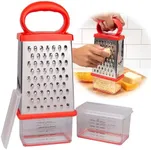 Box Cheese 4-Sided Grater w 2 Attachable Storage Containers w Lids- Mess-Free Shredder & Slicing - Stainless Steel, Soft Grip Handle, Non-Slip Base, Built-In Measurements- Thanksgiving Kitchen Gadget