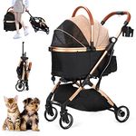 SKISOPGO 3 in 1 Foldable Pet Stroller for Small Medium Dogs Cats, No-Zip Dog Stroller with Detachable Carrier, Push Button, Luxury Pet Gear Stroller for Puppy Travel (Khaki)
