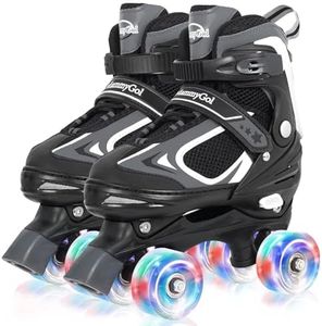 MammyGol Roller Skates for Boys Girls, 4 Sizes Adjustable Quad Skates for Kids with All Light up Wheels, Full Protection for Toddler's Indoor and Outdoor Play Black Ages 8-12 Large - Youth (5-8US)