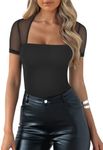 REORIA Womens Sexy Body Suits for Women Square Neck Short Sleeve Sheer Mesh Going Out Double Lined Bodysuits Summer Corset Tops Black Medium