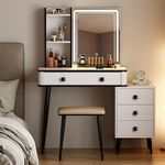 soges Vanity Table Set with LED Mirror and Cushioned Stool, Makeup Desk Dressing Table with Storage Cabinet, Drawers&Shelves, Make Up Table with Wireless Power Outlests,10QHXFDT5037-WH-CA