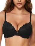 WingsLove Women's Push Up Bra Floral Lace Padded Underwire Bra Demi Plunge (Black,38D)