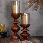 DREAMY WALLS Wooden Candle Stands for Home Decor with Glass (Set of 2)- Mango Wood Candle Holder Stand, Dining Table Decor, Wavy Round Pillar Candle Holder, Decorative Candle Stands for Home décor