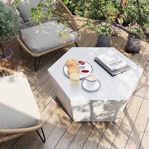 UPHA Outdoor Hexagon Coffee Table, Small Modern Minimalist Accent Tables, Low Light Concrete Center Table for Living Room, Outside Patio, Deck, 35×30.7×15, Off-White