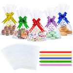 50PCS Clear Cellophane Treat Bags, AUERVO 13 x 18 cm Clear Resealable Flat Cello Bags Sweet Party Gift Bags Candy/Cookie/Gift/with 50PCS Colorful Pull Bows… (13x18 cm Cellophane Treat Bags)