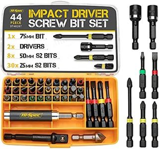 Hi-Spec 44pc Impact Drill Driver Screw Bit Set with Popular PZ & PH Sizes. 1/4 Hex S2 Screwdriver Bits with Nut and Socket Drivers.