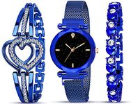 Acnos Premium Brand - A Watch Analogue Plain Black Dial Blue Magnet Watch With Gift Bracelet For Women Or Girls And Watch For Girl Or Women (Combo Of 3, Metal)