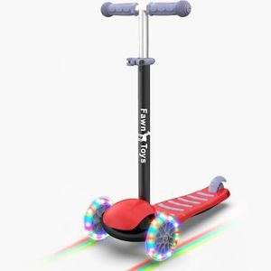 Fawn Toys 3-Wheel Junior Kick Scooter LED Flashing Wheels/Lean to Turn/Indoor/Outdoor Three Adjustable Heights Quiet PU Wheels Extra Wide Deck Best Gift for Kids, Boys Girls 2-8 Yrs(Red)