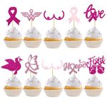 60Pcs Breast Cancer Awareness Cupcake Toppers,Glitter Pink Ribbon Cupcake Picks for Believe Hope Pink Ribbon Party Cake Decorations Supplies,Style1