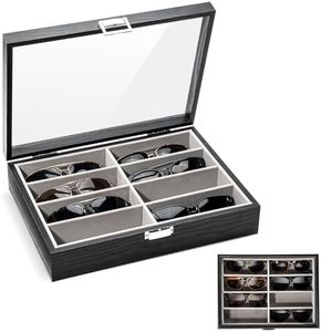 ProCase 8 Slots Wooden Sunglasses Case Organizer Trays for Men Women, Glass Display Case Multiple Pairs Eyewear Eyeglass Holder Storage Box -Black