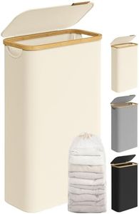 SONGMICS Laundry Hamper with Lid, Slim Laundry Basket, 17.2 Gallons (65L), Space-Saving, Removable Mesh Liner, Bamboo Handles, Collapsible, 16.5 x 8.9 x 27.8 Inches, Cream White ULCB506W01