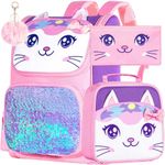 3PCS Cat Backpack for Girls, 15" Sequin Bookbag with Lunch Box, Kids Preschool School bag for Elementary Toddler Students - Pink Cat