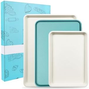 Spmarkt 3-Pack Blue Ceramic-Coating Baking Sheet Pans, PFOA/PFOS/PTFE-Free Nonstick Cookie Sheet Trays, 0.8mm Thick Heavy Duty, with Diamond Texture, Replacement Toaster Oven Tray for Everyday Baking