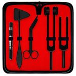 DEXSUR Diagnostics Kit - Percussion Taylor Reflex Hammer + C 128 & C 512 Tuning Forks + Bandage Scissors + Pupil Gauge Pen Light in Carrying Case - 6 Pieces Set - Full Black