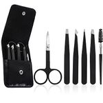 Eyebrow Tweezers Professional Set 6 PCS, Stainless Steel Eyebrow Trimming Scissors Kit for Women/Men, Great Precision Tweezers Set for Eyebrow/Facial Hair Removal/Ingrown Hairs/Splinter (Black)