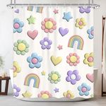 Newsely Retro Cute Flower Shower Curtain 60Wx72H Inch Kids 70s Cartoon Rainbow Floral Groovy Lovely Heart Stars Shower Curtain Bathroom Set Colorful Waterproof Bath Decoration Accessories Home Decor