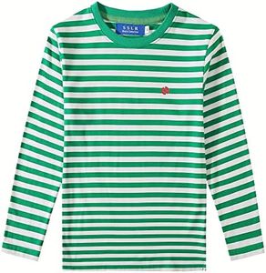 SSLR-Big-Boys-Long-Sleeve-Shirt-Striped Tee Shirts Cotton Crew Neck Casual (Medium, White Green)