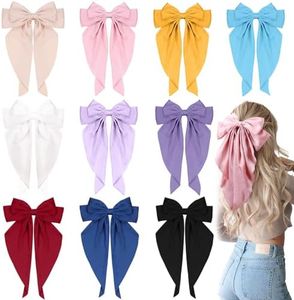 10 PCS Large Hair Ribbon Barrettes with Long Tails for Women & Girls, TOKUFAGU Vintage French Hair Accessories - Bow Clips in 10 Colors (Set A)