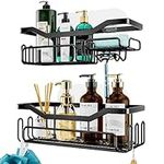 HapiRm Shower Caddy - Bathroom Organizers with 11 Hooks for Hanging Razor, Shampoo Holder Organizer, No Drilling Wall Mounted Bathroom Shelves with Adhesive Hooks, Stainless Steel, Black