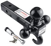 Toptow 64181L Trailer Receiver Hitch Triple Ball Mount with Hook, Black Balls, with Lock, Fits for 2 inch Receiver