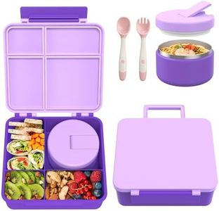 Pawtong Bento Lunch Box with 8oz Soup Thermo, Kids Leakproof Lunch Food Containers with 4 Compartment, Kids Thermo Insulated Hot Food Jar for School, Trvael (Purple)