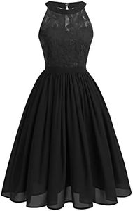 IWEMEK Women Vintage Halter Neck Floral Lace Hi-Lo Backless Bridesmaid Dress A-Line Short Prom Retro Cocktail Formal Swing Dress, Black-cutout, X-Large