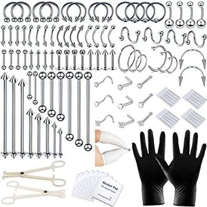 A-minusone 84 & 98 & 120 PCS Body Septum Piercing Kit 14G 16G Tools for Nose Tongue Lip Ear Eyebrow Belly Button Cartilage Tragus Industrial Barbell Helix Daith Piercing Jewelry Clamps, 120 Piece Set,