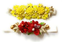 CRAnsh Creations;Crafted with Love Handmade Yellow white & red golden Floral cotton blend head bands for newborn baby girls (0-2 years) clothing accessories Pack of 2 (Yellow golden, S)