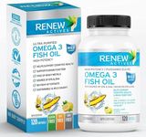 Renew Actives Omega 3 Fish Oil, 1200mg Purified Organic Omega 3 Fish Oil Supplements with 720mg Omega 3 DHA & EPA, Support Brain Function and Cognitive Health, 120 Easy to Swallow Soft Gels