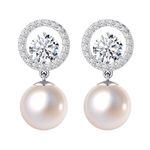 HIGHSPARK 925 Silver Solitaire Pearl Earrings | 92.5 Sterling Silver & Brilliant Lustre Pearls | Lovely Gift for Women & Girls - Pearl CZ 002