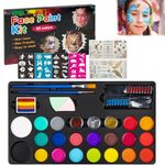 TAUDI Face and Body Paint Kit for Kids - 20 Water Based, Non Toxic Colors Palette, 3 Glitters, 2 Hair Chalk Combs, 2 Paint Brushes, 32 Stencils, Tattoo Sheets - Ideal for Halloween, Party Makeup