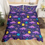 Cartoon Dinosaur Duvet Cover Set Double Size,Purple Cute Dino Animal Comforter Cover with 2 Pillowcases,Stars Rainbow Planets Space Bedding Set for Girls Teens Present, Soft Microfiber