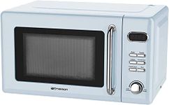 Emerson MWR7020BL Retro Compact Countertop Microwave Oven with Button Control, LED Display, 700W 5 Power Levels, 8 Auto Menus, Glass Turntable and Child Safe Lock, 0.7, Thunderbird Blue