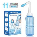 TopQuaFocus Neti Pot Sinus Rinse Nasal Wash with 20 Nasal Wash Salt Packets - 300ML Neti Pot for Adult And Kid to clean - Blue Sticker Thermometer included.