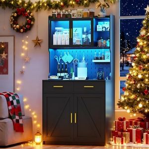 MDGC LED Kitchen Pantry Cabinet with Outlets, Farmhouse Storage Cabinet with Drawers & Adjustable Shelves, 64" Tall Cupboard with Pegboard & Hooks for Dining Room (Black)