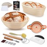 Sourdough Bread Baking Supplies - 9 Inch round and 10 Inch Oval sourdough proofing baskets with Silicone Bread Sling, Long 33x8cm Dough Whisk, Dough Scrapers, Bread lame, and a Cleaning Brush