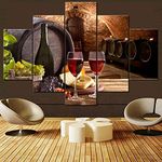 Canvas Wall Art Wine Bottle and Wine Glasses with Wooden Barrel Picture for Living Room Multi Panel Cellar Prints Artwork Modern Painting House Decor Framed Gallery-Wrapped Ready to Hang(60''Wx40''H)