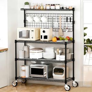 Leteuke Bakers Rack with Storage & Wheels, 42 Inch Microwave Stand Kitchen Shelves, 4-Tier Heavy Duty Storage Rack with 20 S-Hooks, Commercial Metal Utility Kitchen Cart, 42× 18× 63 Inch, Black