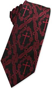 KOOELLE Mens Novelty Religous Necktie Christian Cross & Paisley Tie, Red & Black