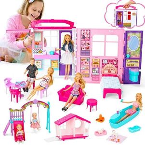 Style Shine Dream Doll House Portable & Foldable DollHouse w/ 60+ Pcs & 2 Dolls, Play House Toy with Bedroom Bathroom Kitchen Furniture Dreamhouse Playset, Playhouse Birthday Gift for Girl Kid Toddler