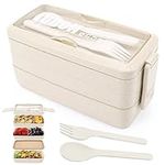 Yirochan 3 Layer Lunch Box Bento Box for Adults, 4-in-1 Meal Prep Container with Fork & Spoon, 1000ml Food Storage Box for Men Women Student School Office, Microwave Dishwasher Safe Available (Beige)