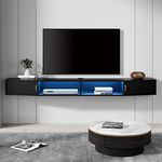 WAMPAT Floating TV Stand Wall Mounted Shelf with Blue Lights,Wood Media Console Entertainment Center Under TV,Cabinet Hutch Desk Storage for Home and Office,Black