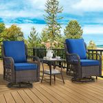 GAOMON 3 Piece Outdoor Patio Set, Wicker Rocking Bistro Set with 2 Swivel Chairs & Tempered Glass Top Table, Rattan Outdoor Furniture with Cushions for Patio Porch Backyard