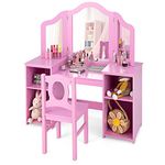 INFANS Kids Vanity, 2 in 1 Princess Makeup Desk & Chair Set with Tri-Folding Detachable Mirror, Storage Shelves, Wooden Dressing Table,Pretend Play Vanity Set for Girls