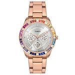 TIMEX Women Stainless Steel E-Class Premium-Sport Collection Multifunction Analog Silver Dial Coloured Quartz Watch, Round Dial with 36 Mm Case Width - Twel16802, Band Color-Rose Gold