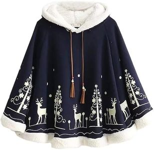 Flygo Women's Cute Fleece Lined Hooded Shawl Poncho Cloak Christmas Tree & Deer Pullover (One size (Less than 154lb), Dark blue)