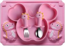 Adore Dino Era Baby Silicone Feeding Set for Baby Plate Silicone Feeding Bowl Dishes Suction Plate Baby Toddler Plate with Fork Spoon Utensils Set (Pink)